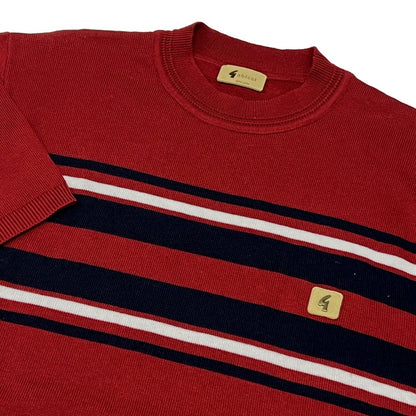 Gabicci Vintage Mod Chest Stripe Fine Gauge Crew Neck Burgundy