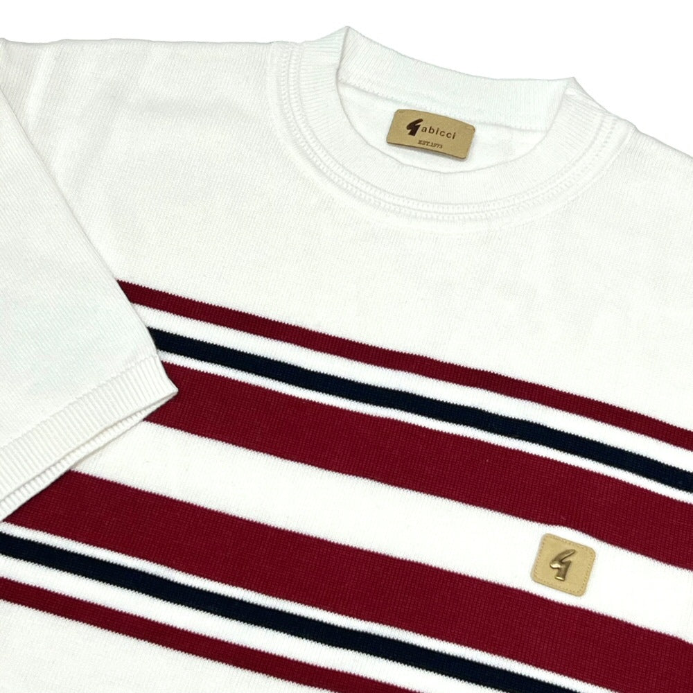 Gabicci Vintage Mod Chest Stripe Fine Gauge Crew Neck White