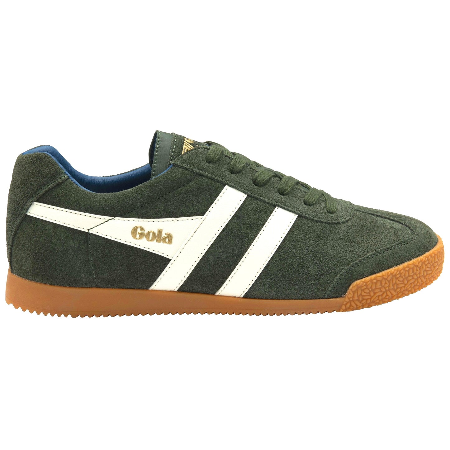 Gola Harrier Classic Twin Stripe Suede Trainer Dark Green / Off White / Blue