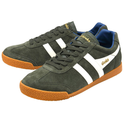 Gola Harrier Classic Twin Stripe Suede Trainer Dark Green / Off White / Blue