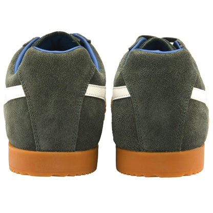 Gola Harrier Classic Twin Stripe Suede Trainer Dark Green / Off White / Blue