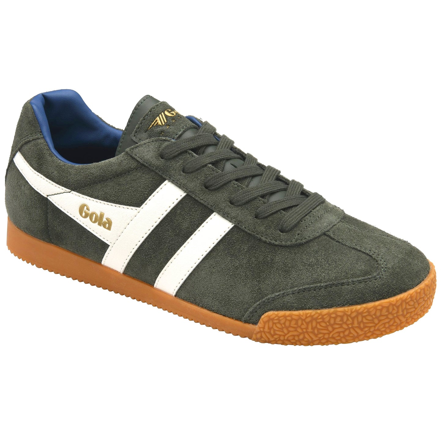 Gola Harrier Classic Twin Stripe Suede Trainer Dark Green / Off White / Blue