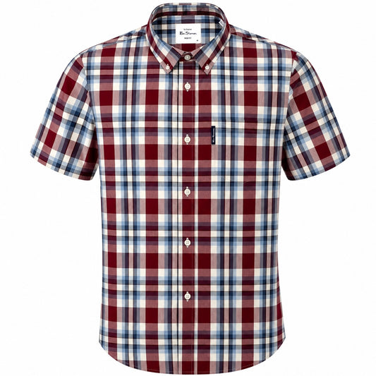 Ben Sherman Short Sleeve Oversize Check Shirt Wine Sky