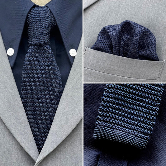 Knightsbridge Retro Mod 60's Slim Square End Plain Knitted Silk Tie & Pocket Square Set Navy