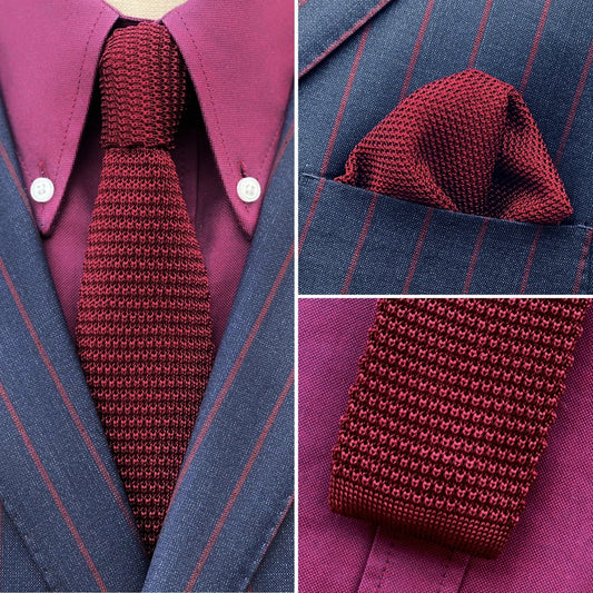 Knightsbridge Retro Mod 60's Slim Square End Plain Knitted Silk Tie & Pocket Square Set Burgundy