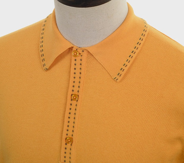 Art Gallery Fine Gauge Knit Saddle Stitch Detail Polo Shirt Amber
