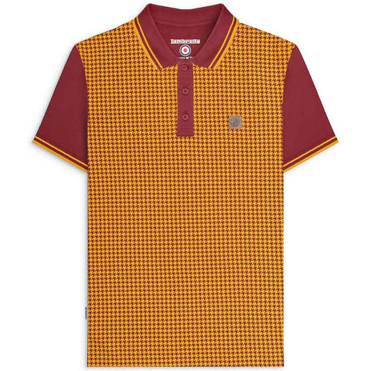 Lambretta 3 Button Twin-Tipped Dogtooth Print Polo Shirt Burgundy / Gold
