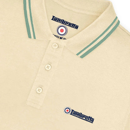 Lambretta Target Logo 3 Button Twin-Tipped Pique Polo Shirt Cream / Turquoise