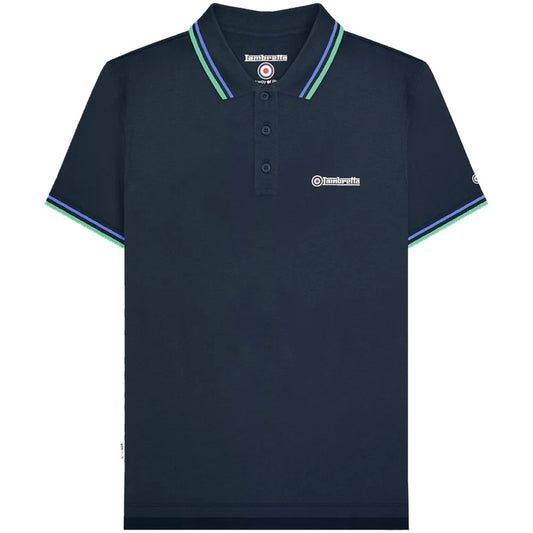 Lambretta Target Logo 3 Button Twin-Tipped Pique Polo Shirt Navy Blue / Mint