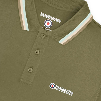 Lambretta Target Logo 3 Button Triple Tipped Pique Polo Shirt Khaki