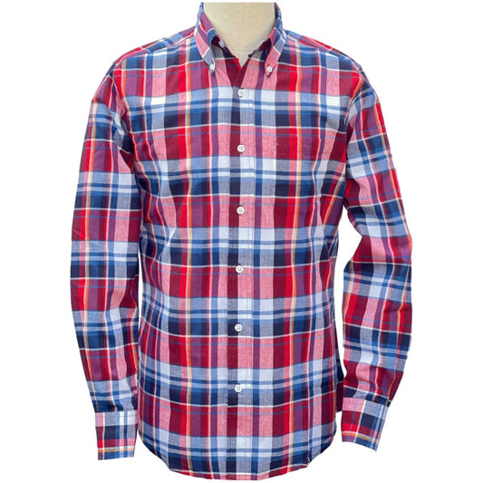 Authentic Classic Madras Check Button Down Shirt Red Blue