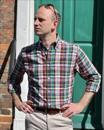 Authentic Classic Madras Check Button Down Shirt Green Wine