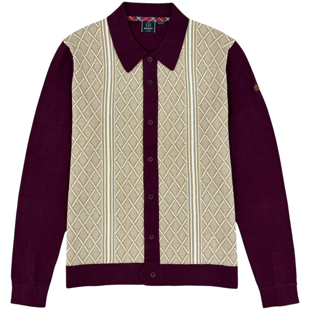 Merc London Jacquard Front Knit Cardigan Burgundy