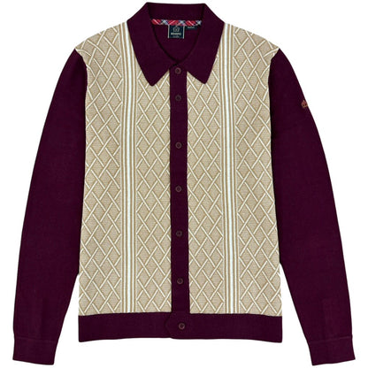 Merc London Jacquard Front Knit Cardigan Burgundy