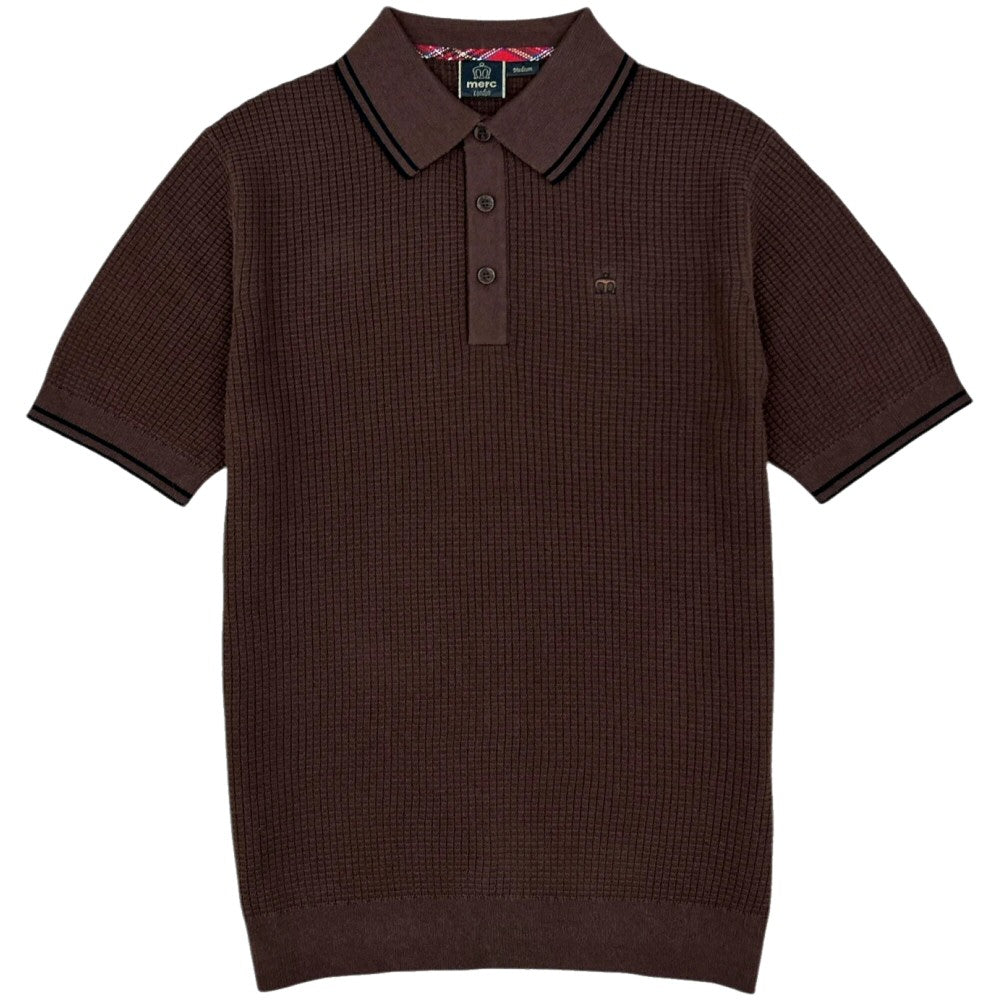 Merc London Fine Knit Waffle Tipped Collar Polo Shirt Brown