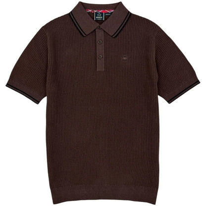 Merc London Fine Knit Waffle Tipped Collar Polo Shirt Brown
