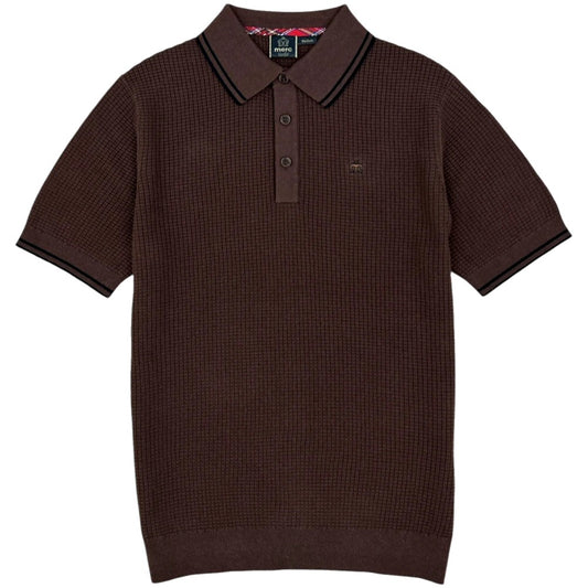 Merc London Fine Knit Waffle Tipped Collar Polo Shirt Brown