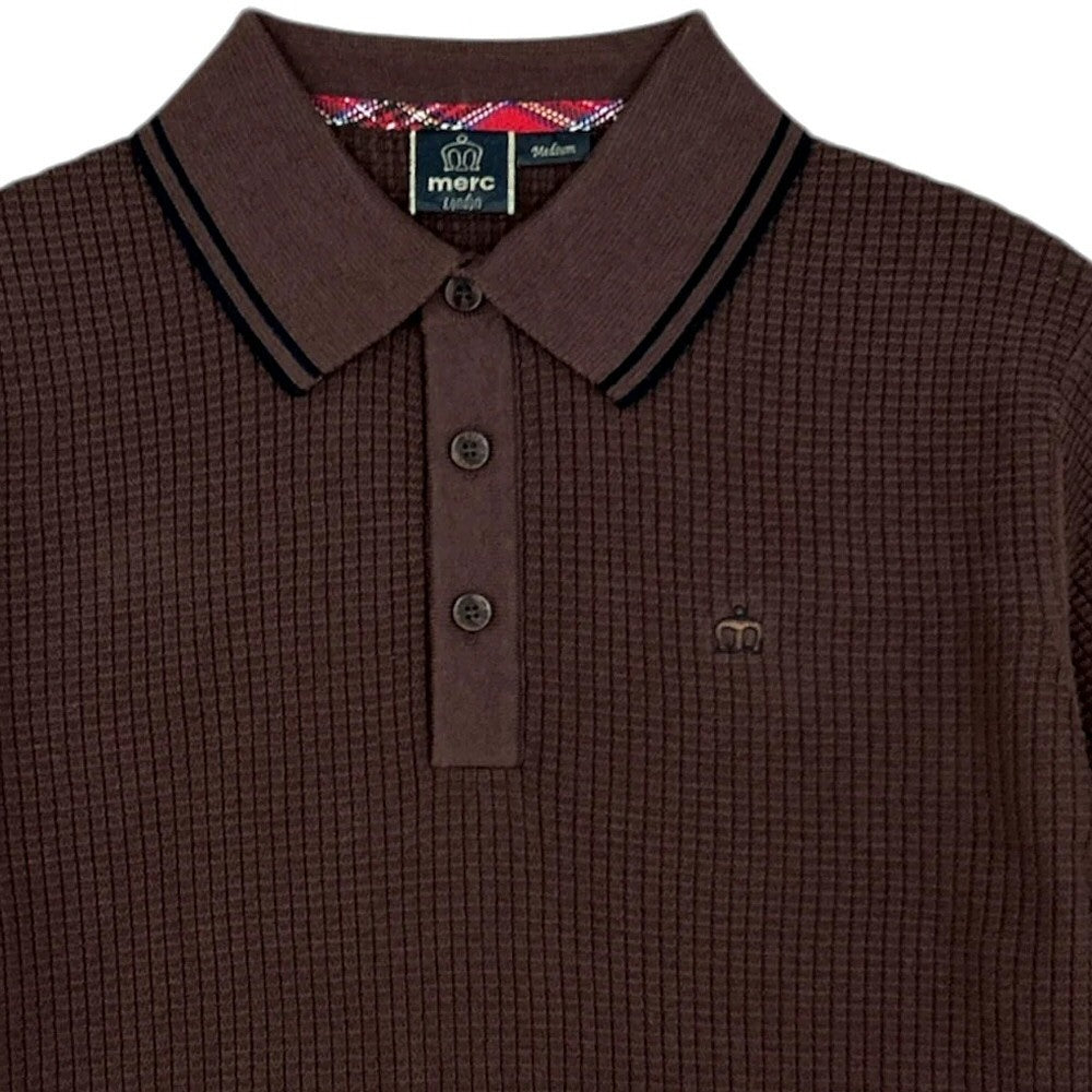 Merc London Fine Knit Waffle Tipped Collar Polo Shirt Brown