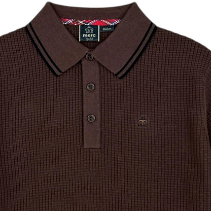 Merc London Fine Knit Waffle Tipped Collar Polo Shirt Brown
