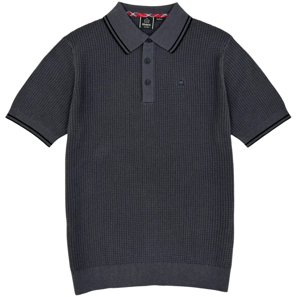 Merc London Fine Knit Waffle Tipped Collar Polo Shirt Dark Grey