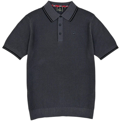 Merc London Fine Knit Waffle Tipped Collar Polo Shirt Dark Grey