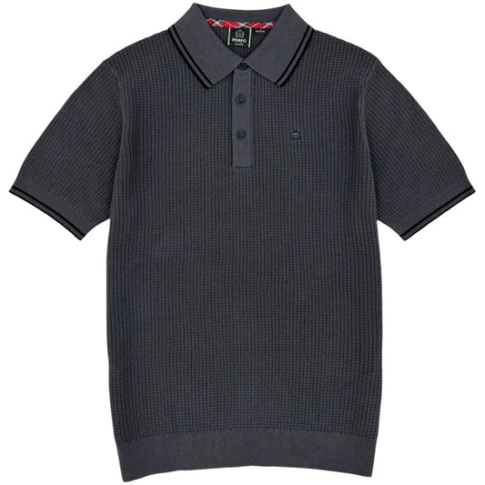 Merc London Fine Knit Waffle Tipped Collar Polo Shirt Dark Grey