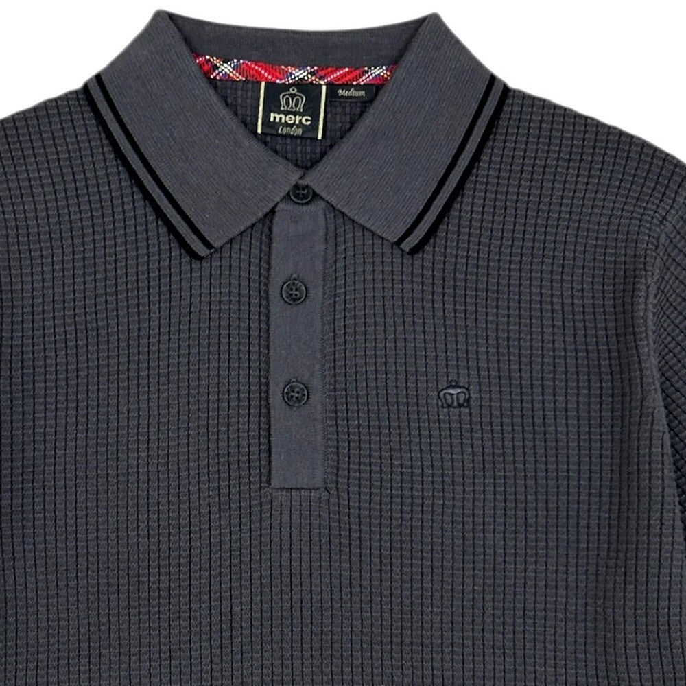 Merc London Fine Knit Waffle Tipped Collar Polo Shirt Dark Grey