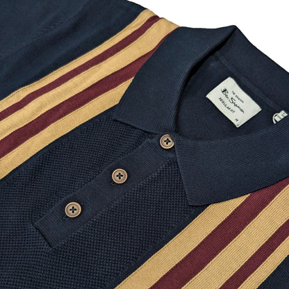 Ben Sherman Waffle Knit Stripe 3 Button Knit Polo Navy