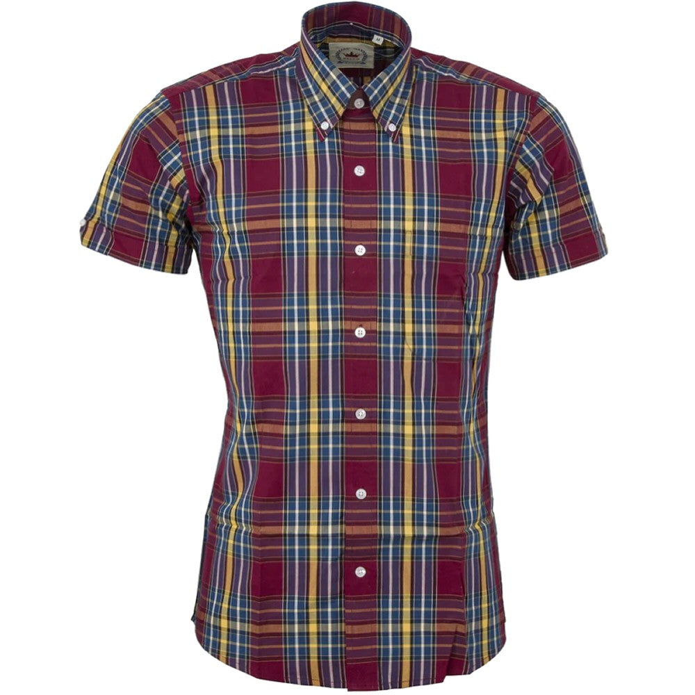 Relco Button Down Check Short Sleeve Shirt Burgundy