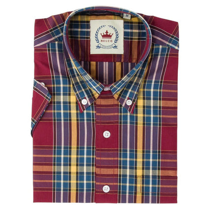 Relco Button Down Check Short Sleeve Shirt Burgundy