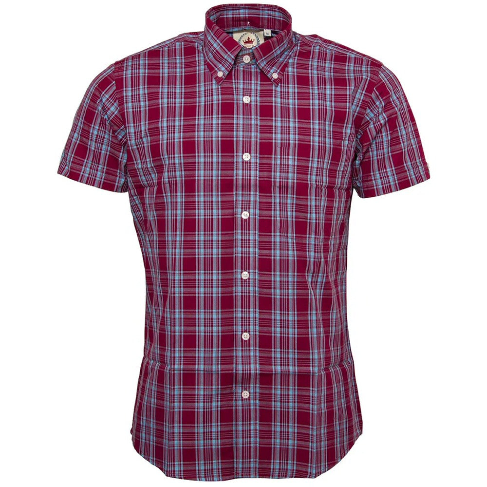 Relco Button Down Check Short Sleeve Shirt Burgundy