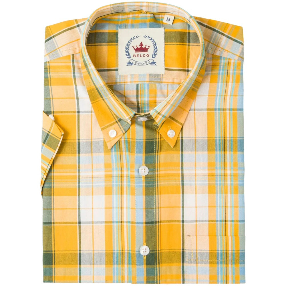 Relco Button Down Check Short Sleeve Shirt Yellow