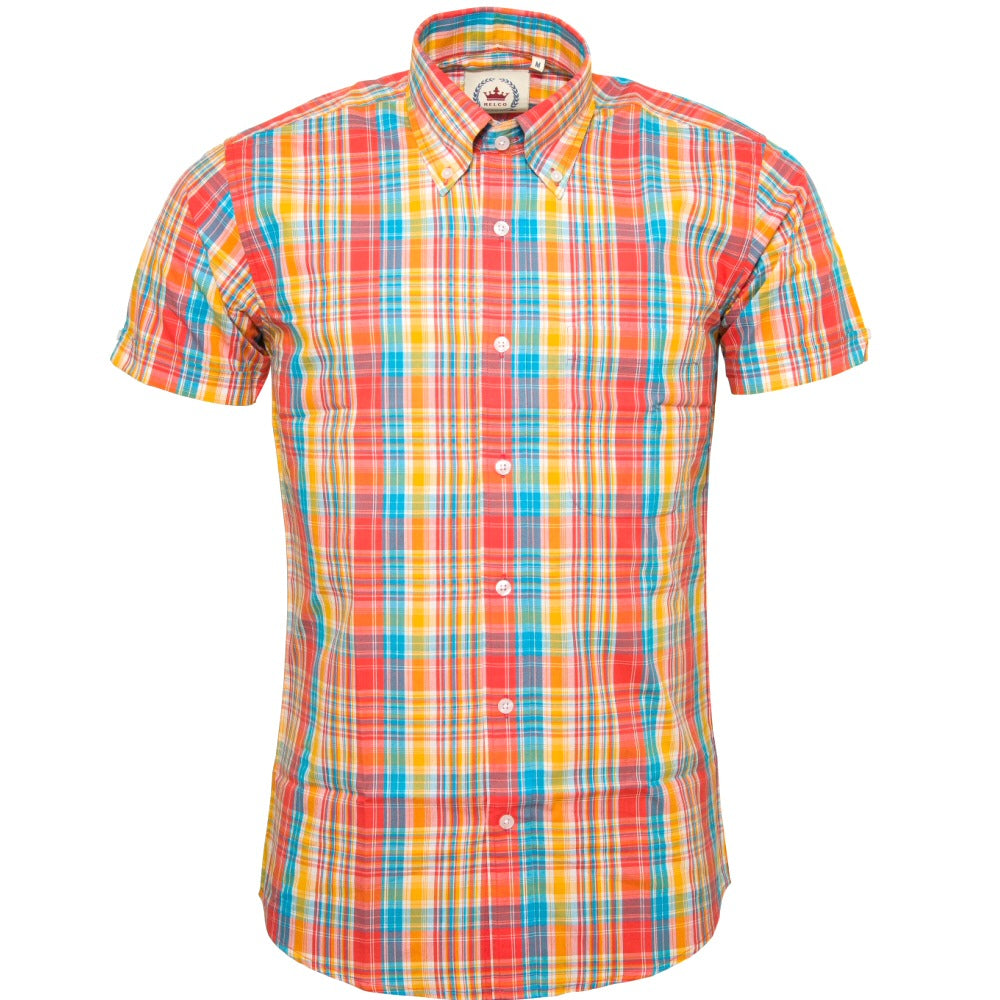 Relco Button Down Check Short Sleeve Shirt Orange Blue