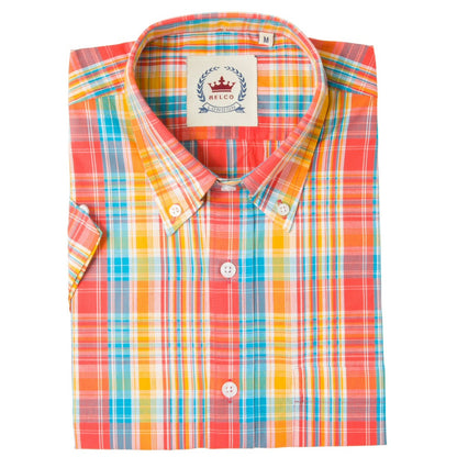 Relco Button Down Check Short Sleeve Shirt Orange Blue