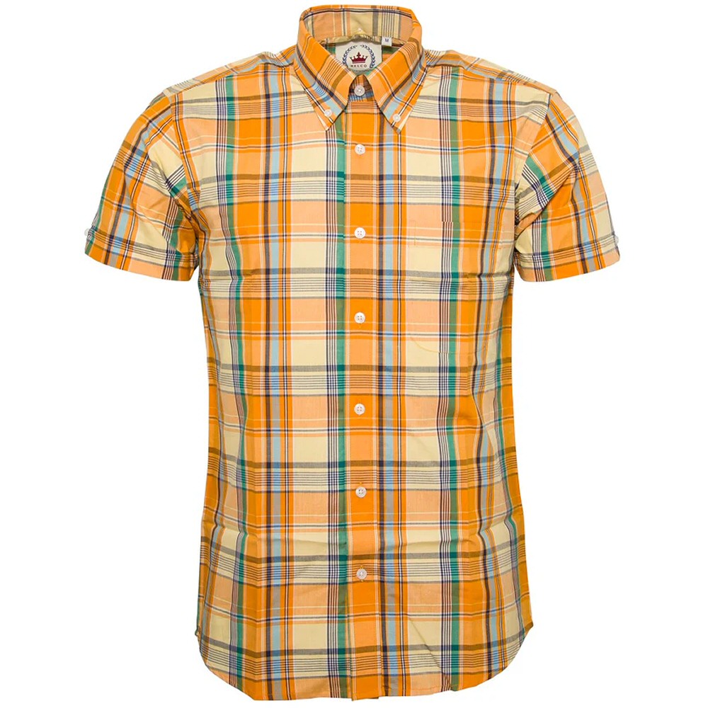 Relco Button Down Check Short Sleeve Shirt Orange