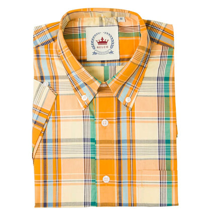 Relco Button Down Check Short Sleeve Shirt Orange