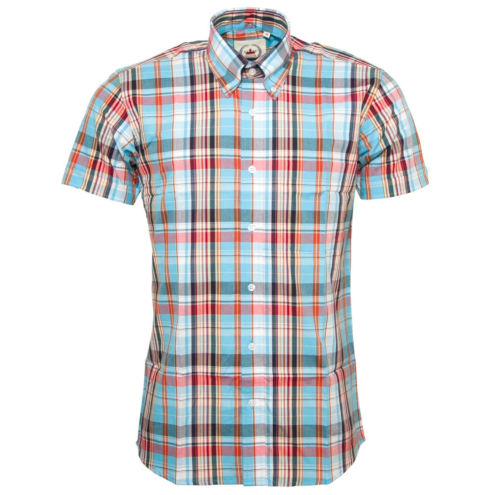 Relco Button Down Check Short Sleeve Shirt Sky Blue