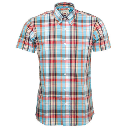 Relco Button Down Check Short Sleeve Shirt Sky Blue
