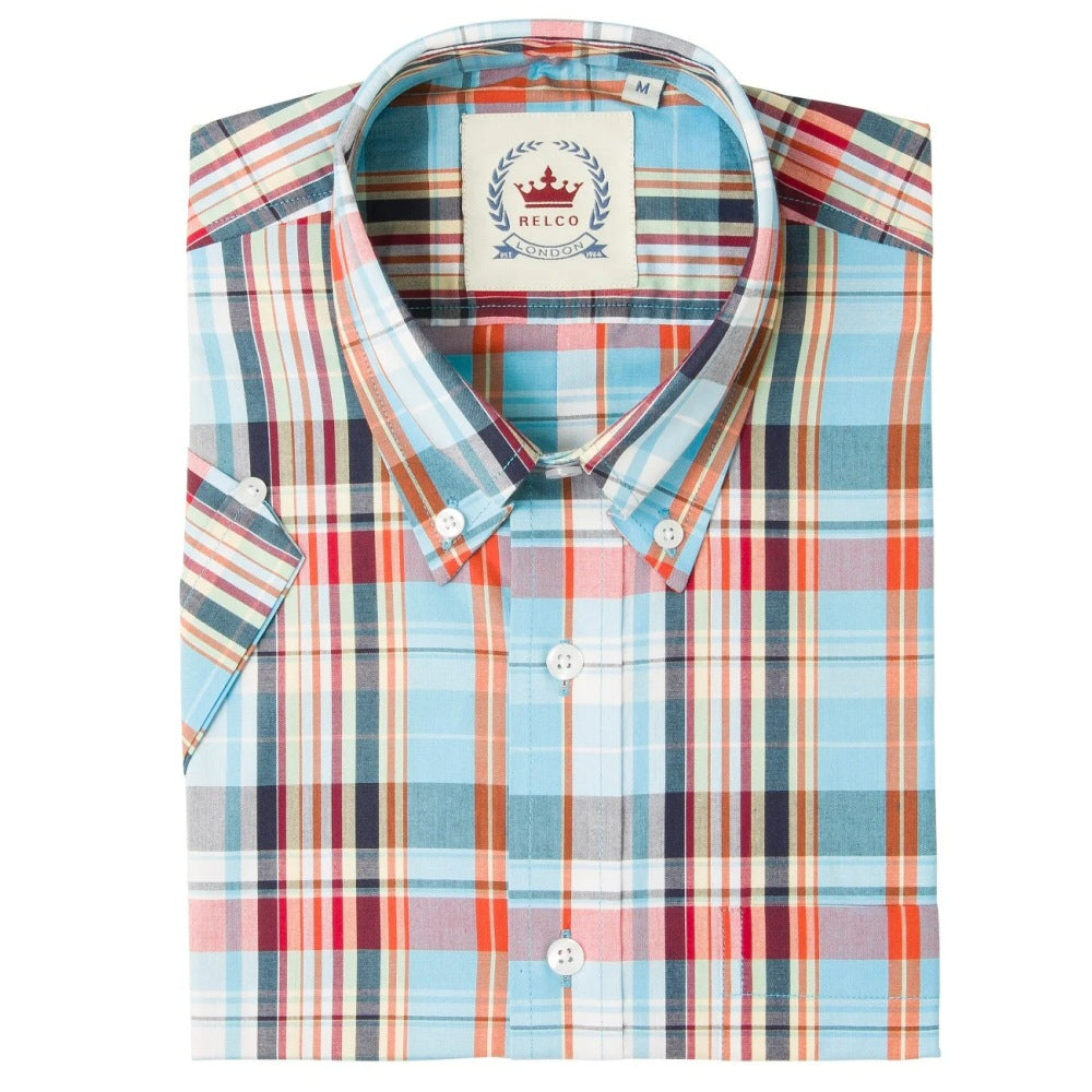 Relco Button Down Check Short Sleeve Shirt Sky Blue