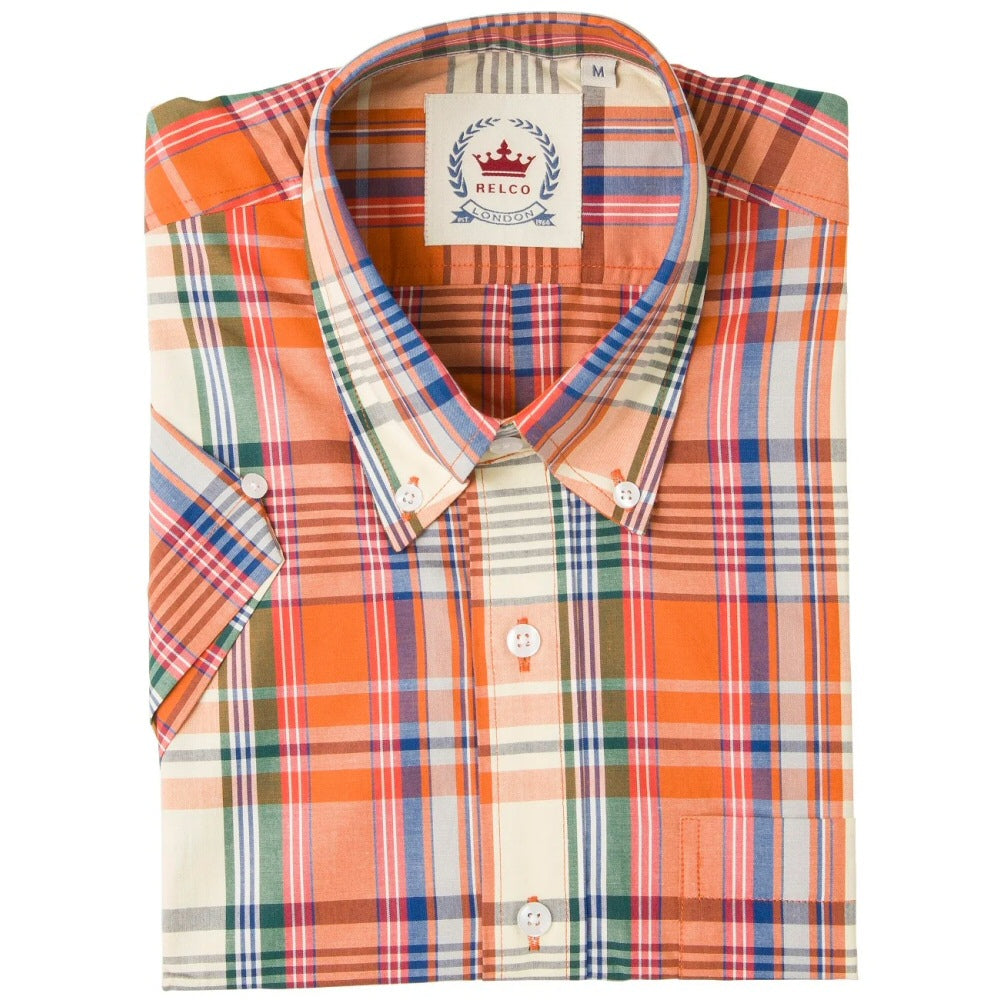 Relco Button Down Check Short Sleeve Shirt Burnt Orange