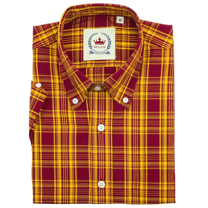 Relco Button Down Check Short Sleeve Shirt Burgundy And Mustard