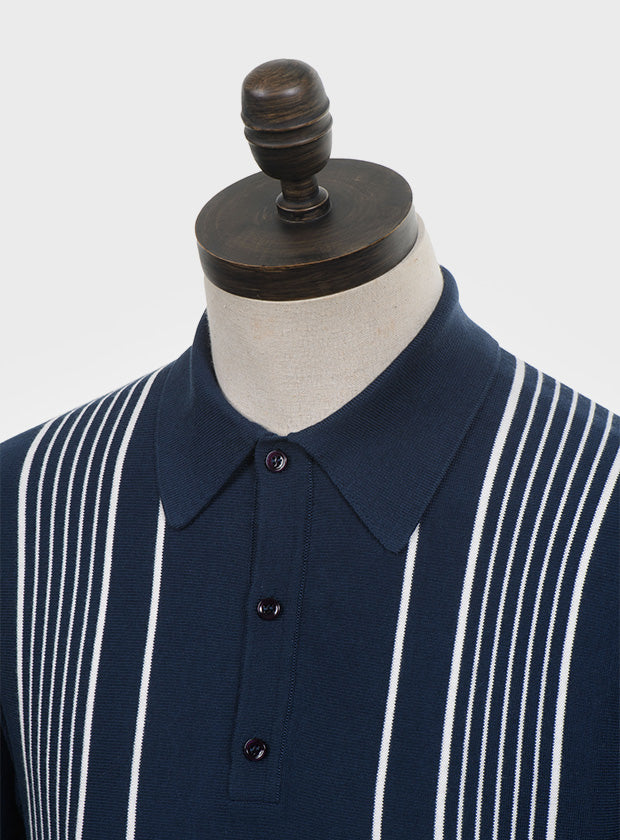 Art Gallery Fine Gauge Knit Multi Stripe Polo Navy Blue