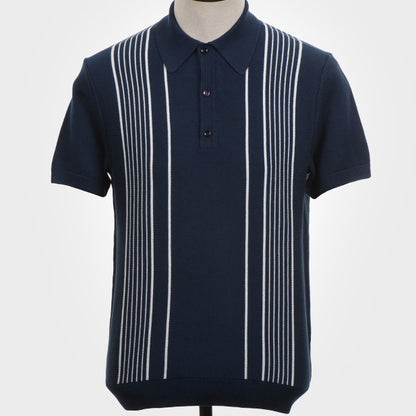 Art Gallery Fine Gauge Knit Multi Stripe Polo Navy Blue