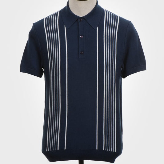 Art Gallery Fine Gauge Knit Multi Stripe Polo Navy Blue