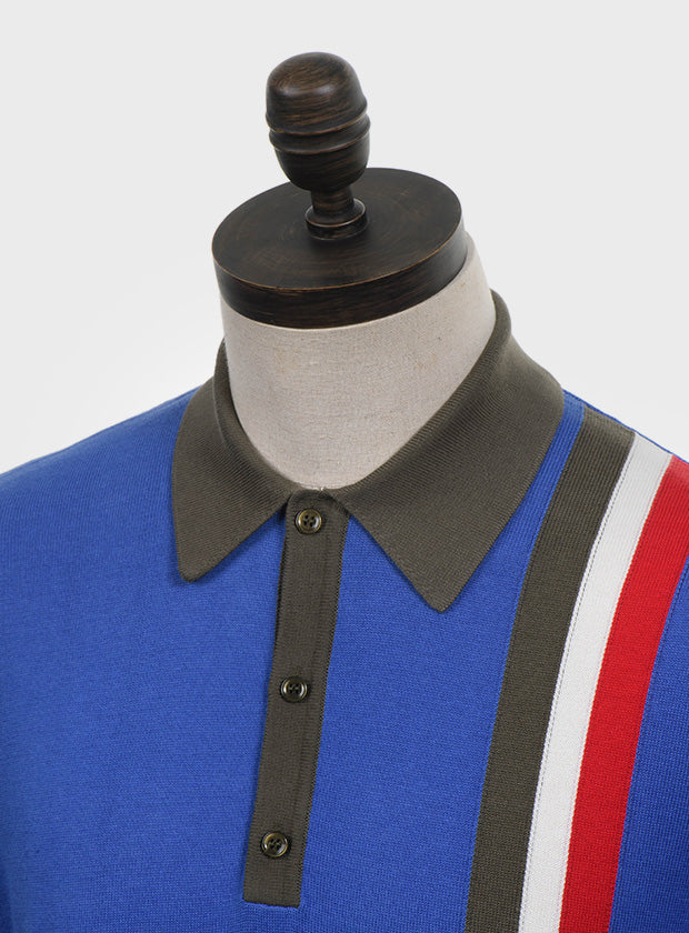 Art Gallery Fine Gauge Knit Racing Stripe Polo Azzurri Blue
