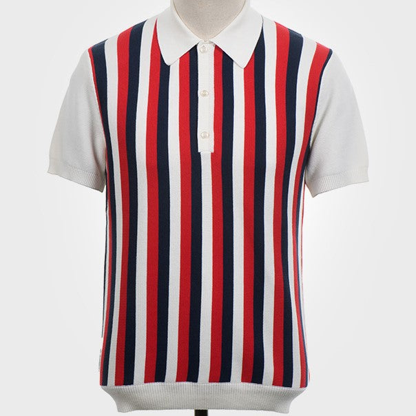 Art Gallery Fine Gauge Knit Vertical Multi Stripe Polo Off White