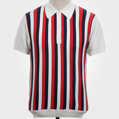 Art Gallery Fine Gauge Knit Vertical Multi Stripe Polo Off White