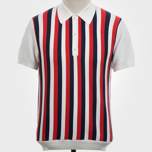 Art Gallery Fine Gauge Knit Vertical Multi Stripe Polo Off White