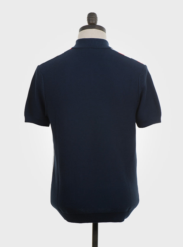 Art Gallery Fine Gauge Knit Vertical Multi Stripe Polo Navy Blue