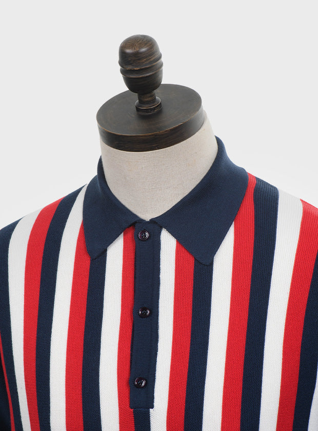 Art Gallery Fine Gauge Knit Vertical Multi Stripe Polo Navy Blue